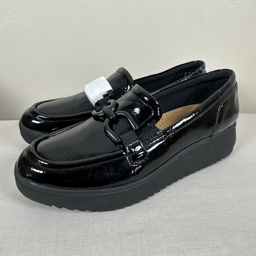 Clarks Women's 10 Zylah Top Loafer Black Crinkle Patent Platform Chain Wedge NEW